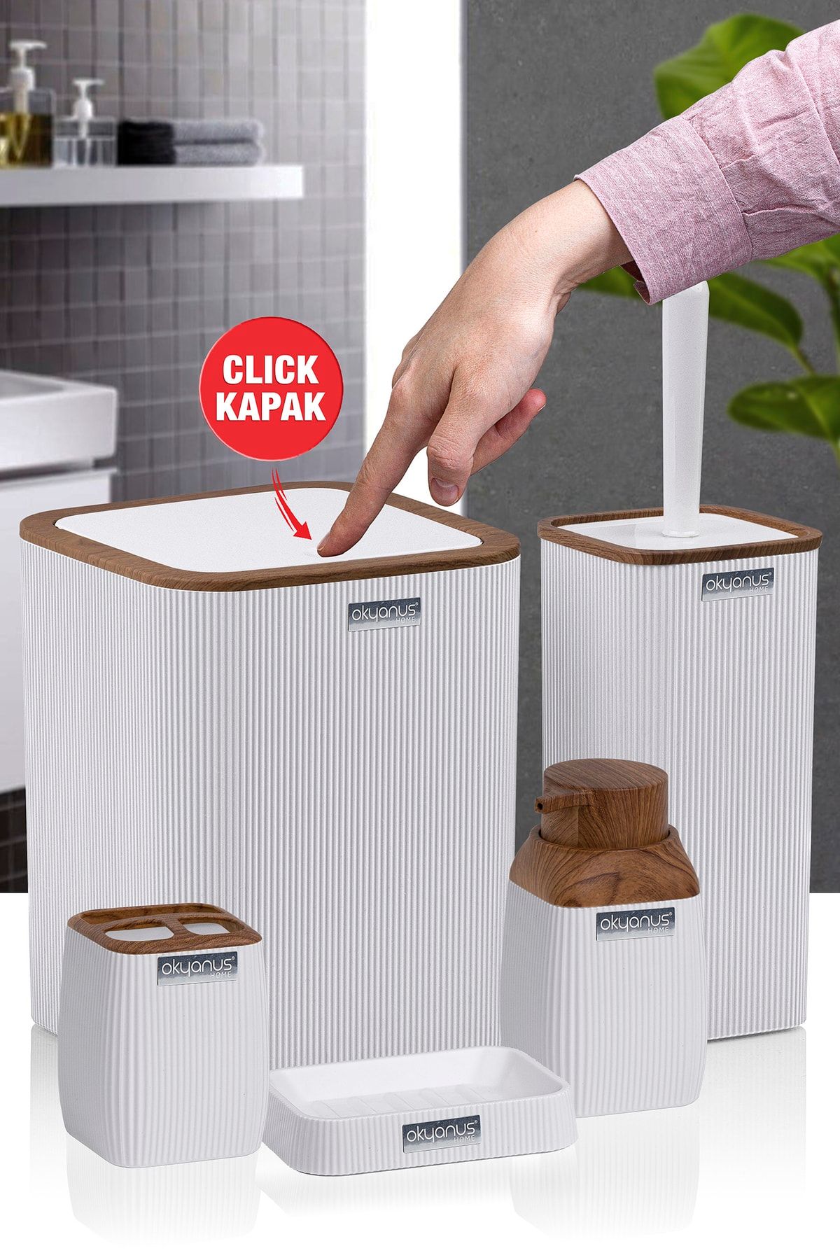 Okyanus Home Ahşap Desenli Çizgili  Banyo Seti - Beyaz 5'li